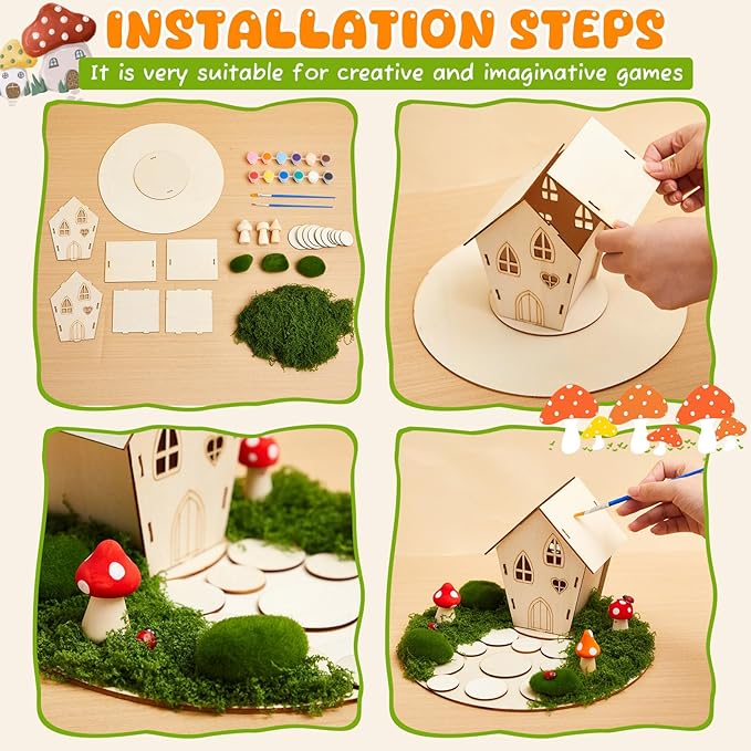 Kathfly 2 Sets Wooden Fairy House Craft Kit, Fairy Garden Kit with Paints & Decorations, Unpainted Miniature Accessories for Home Event Party Decor, Arts Crafts Birthday Gift