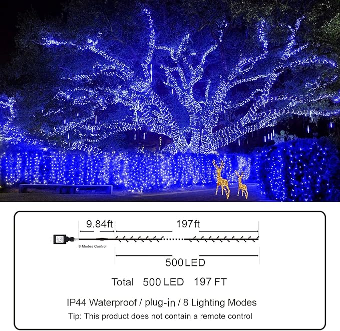 KNONEW 197FT 500 LED Christmas Lights Outdoor String Lights 8 Modes & Memory Fairy Light Plug in Waterproof LED String Lights for Xmas Yard Tree Wedding Party Holiday Decorations (Blue)