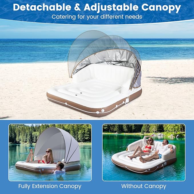 Moccha Inflatable Island with Canopy - 440 lbs Party Floats with SPF50+ Retractable Detachable Sunshade & 3 Pillows, 2-3 Person Tanning Lounger, 73” Pool Daybed, Floating Island for Lake