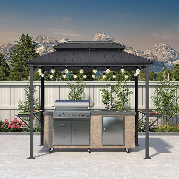PURPLE LEAF 6' X 9' Hardtop Grill Gazebo for Patio Aluminum Barbeque Canopy with 24 Clear Light Bulbs and Shelves Double Tiered Grey Outdoor BBQ Gazebo