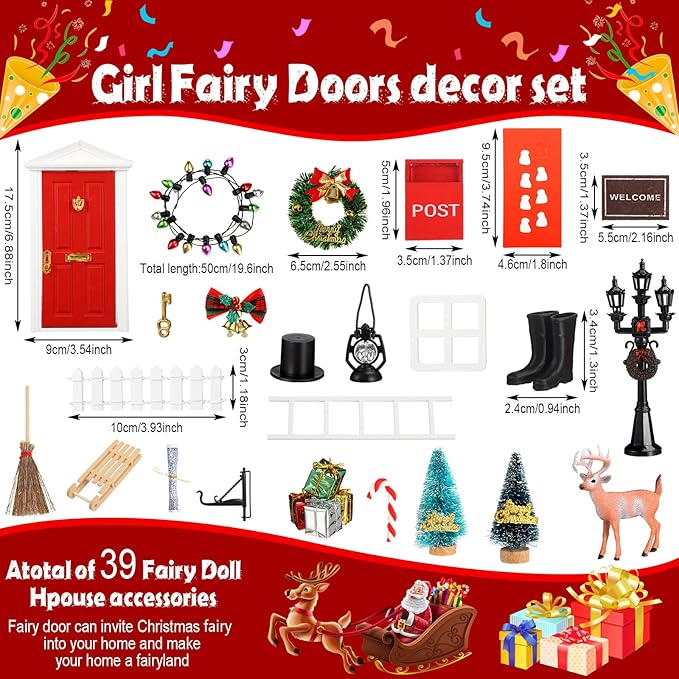 Shappy 39 Pcs Christmas Fairy Door Kit Wooden Elf Fairy Doors Decorations with Accessories Mini Door Tiny Miniature for Christmas Tale DIY Craft Garden Home Party Decoration(Red)
