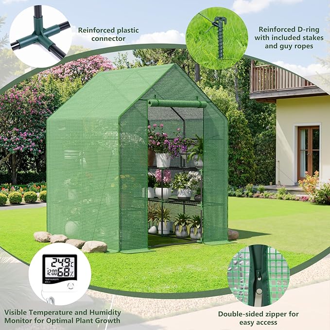 Greenhouse for Outdoors, Small Greenhouse, Walk-in Greenhouses with 3 Tiers 8 Shelves, PE Cover, Heavy Duty Plant Greenhouses for Garden and Backyard