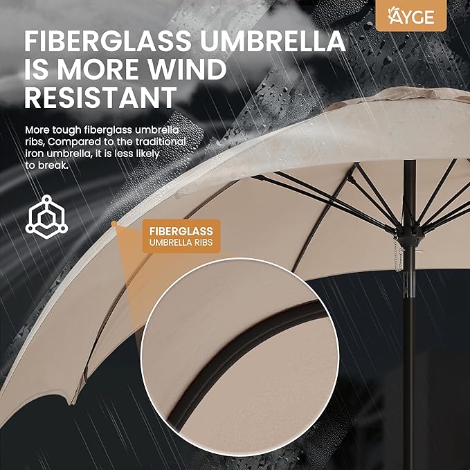 Ayge 9FT Large Outdoor Patio Umbrella Market Table Umbrella-UV Resistant, Easy Push Button Tilt and Crank, 8 Sturdy Fiberglass Ribs Heavy-Duty Pool Umbrella for Deck, Backyard,Garden,Beige