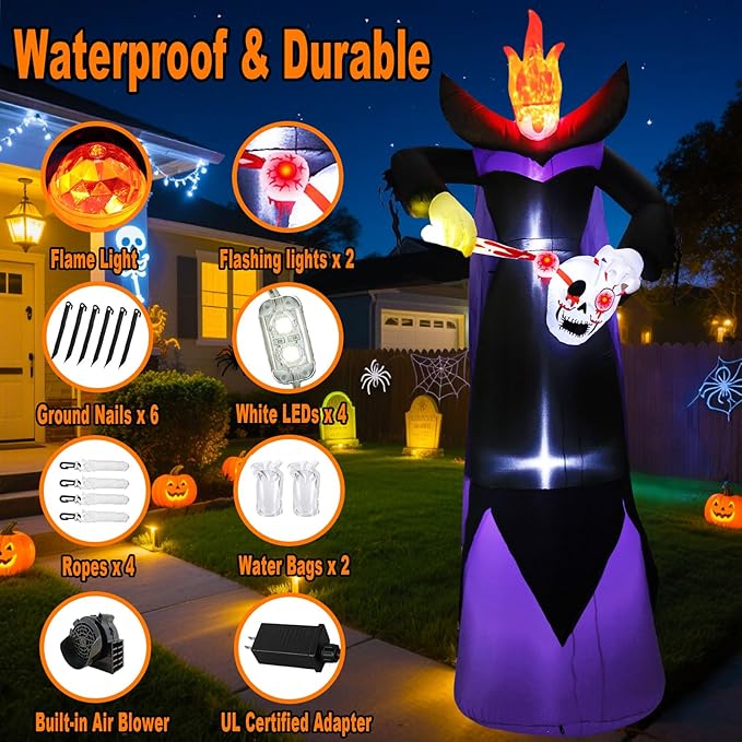 12FT Scary Halloween Inflatables Headless Killer Outdoor Decorations Grim Reaper Holding Skull Dig Out Eyeballs with Flame Light Giant Ghost Blow Up Yard Decoration for Party Garden Lawn Decor
