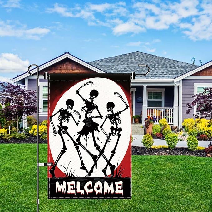 Halloween Skull Welcome Garden Flags 12 x 18 Inch Dancing Skeleton Flag Double Sided Gothic Outdoor House Yard Banner Farmhouse Holiday Outside Decoration Yard Flag