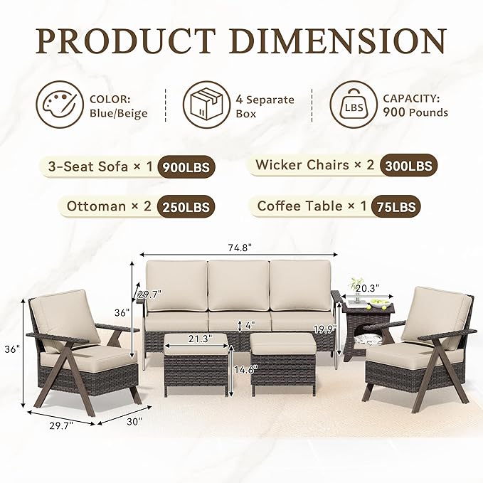 6 Piece Patio Furniture Set, Wicker Patio Conversation Set with Patio Chair and Outdoor 3-Seater Sofa and 2 Ottomans and Side Table for Deck Yard and Poolside