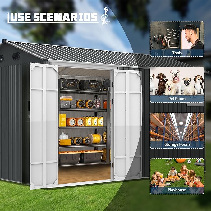 CHERY INDUSTRIAL.COM 8x12FT Outdoor Storage Shed Garden Shed Bike Storage Tool Shed with Metal Frame & Lockable Door for Patio Storage Lawn Mower Chicken Coop,Gray (Floor Base)