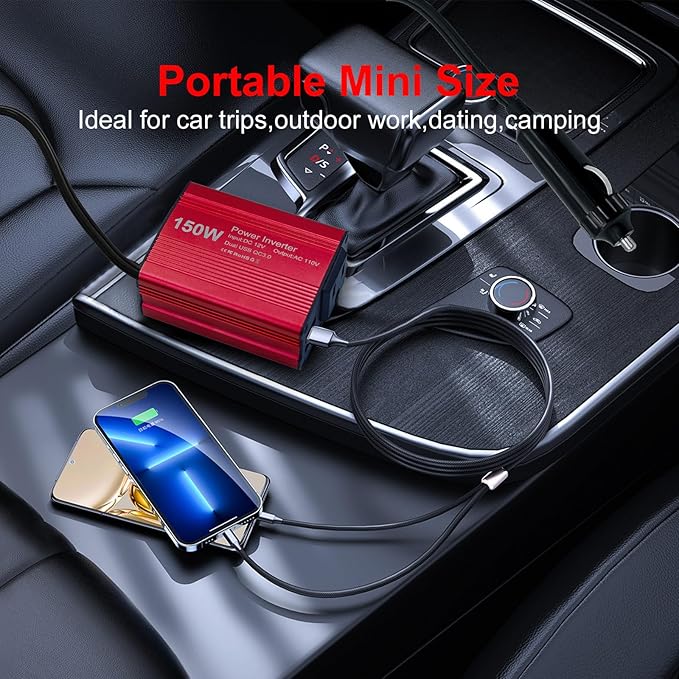 150W Power Inverter 12V DC to 110V AC Car Laptop Charger Fast Charger Converter with 2 USB Ports Car Laptop Charger, Car Adapter for Plug Outlet