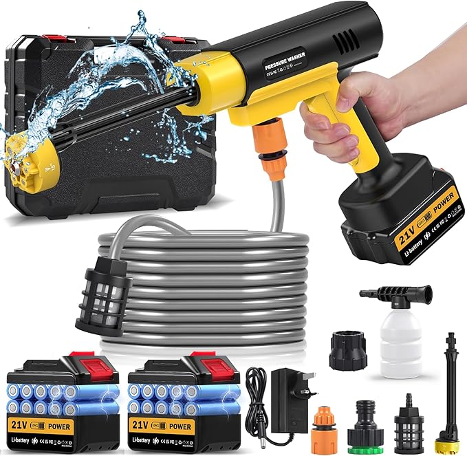 Cordless Pressure Washer Gun, 1885PSI Portable Battery Power Washer, Electric Pressure Washer Handheld Brushless High Pressure washers with 6-in-1 Nozzle&2 Battery&5m Hose Cordless Jet Washers