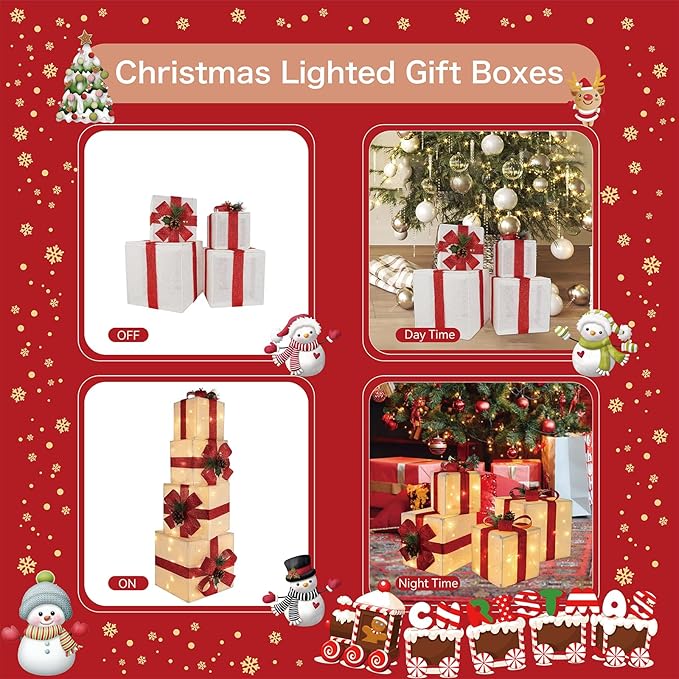 Set of 4 Christmas Lighted Gift Boxes, 70 LED Stackable Light Up Present Boxes for Christmas Decorations Indoor Outdoor Yard Lawn Porch Home Decor(Max. 10")