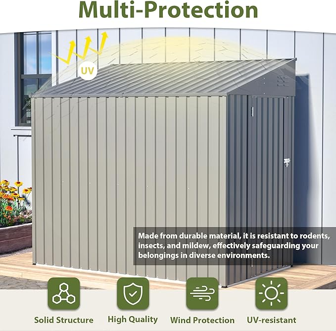 4x8 FT Outdoor Storage Shed,Lean to Lockable Metal Garden Shed Steel with Reinforced Beams,All Weather Waterproof Storage House W/Lockable Door&2 Air Vents,for Backyard,Patio,Lawn,Garden,Gray