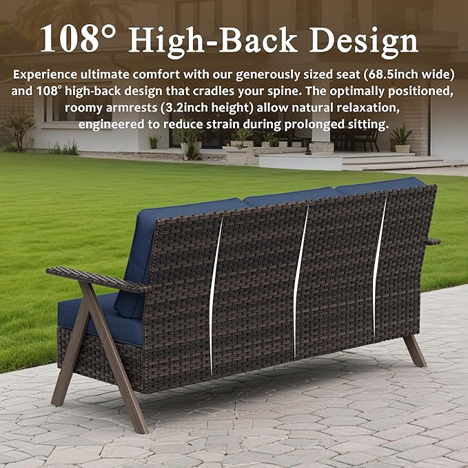 7 Pieces Patio Furniture Set,Outdoor Sofa & High Back Swivel Rocker Patio Chairs, Wicker Conversation Set with Ottoman for Deck Yard and Poolside
