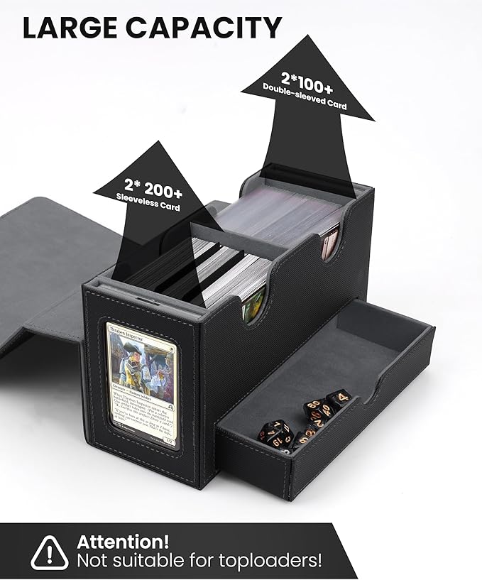 MRAUF MTG Deck Box with Double Commander Display and Dice Tray, Fits 200+ Double Sleeved Cards, Card Storage Box Plus 2 Magnetic Holders& 100Pcs Card Sleeves (Black)