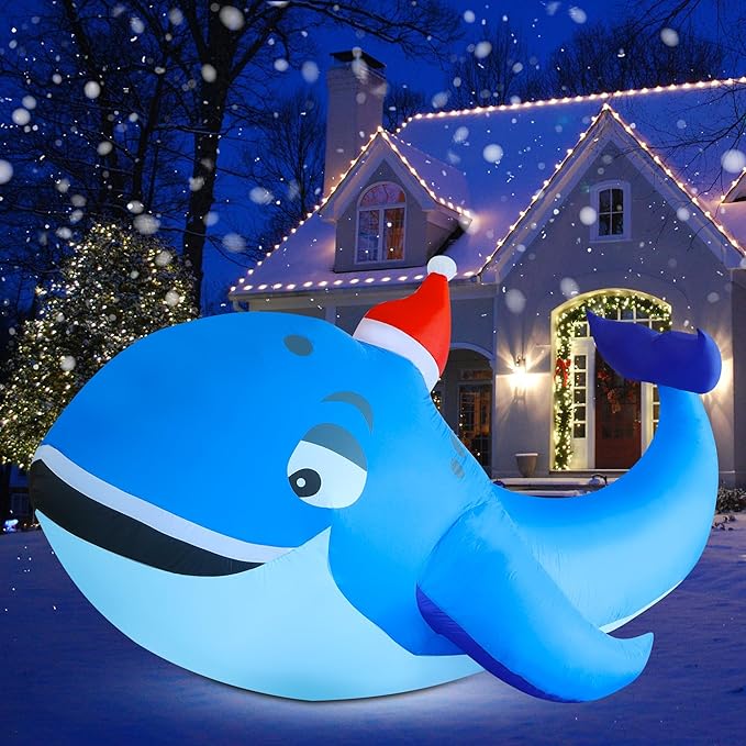 DR.DUDU 10 FT Christmas Inflatable Outdoor Decorations, Blow Up Whale Inflatables with Santa Hat LED Lights for Yard Lawn Garden Outside Large Xmas Holiday Decoration