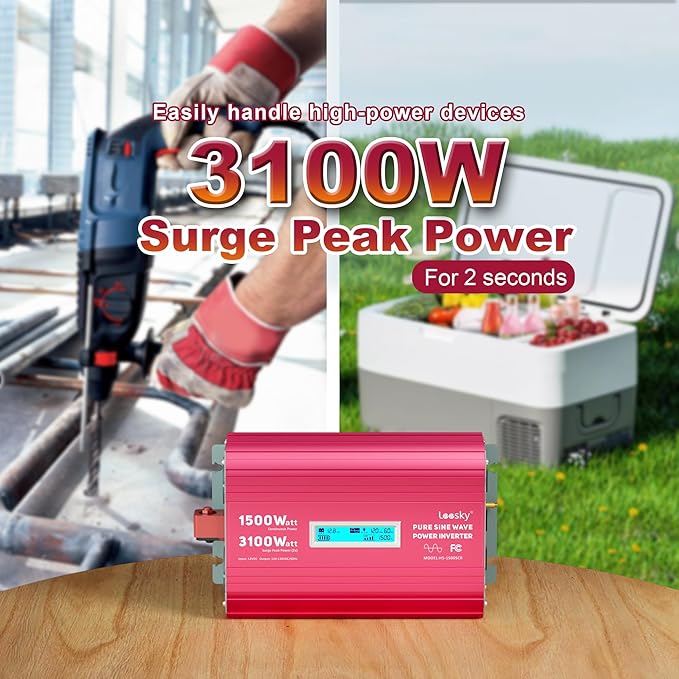 1500 Watt Pure Sine Wave Inverter 12V to 110V 120V AC 3100W Surge Peak Power for 2 Seconds Remote Control PD36W USB-C Compatible with Lithium Battery Starlink for Off-Grid Solar RV Car Home LEESKY