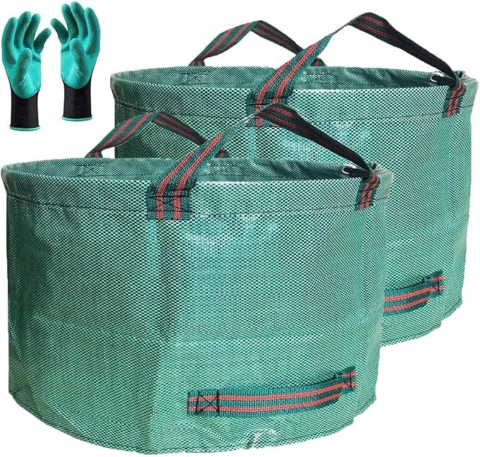 Professional 2-Pack 63 Gallons Lawn Garden Bags Yard Waste Bag (D31, H19 inches) with Gardening Gloves,Standable,Reusable Leaf Grass Bag,Garden Trash Containers,Lawn Yard Waste Bags with 4 Handles