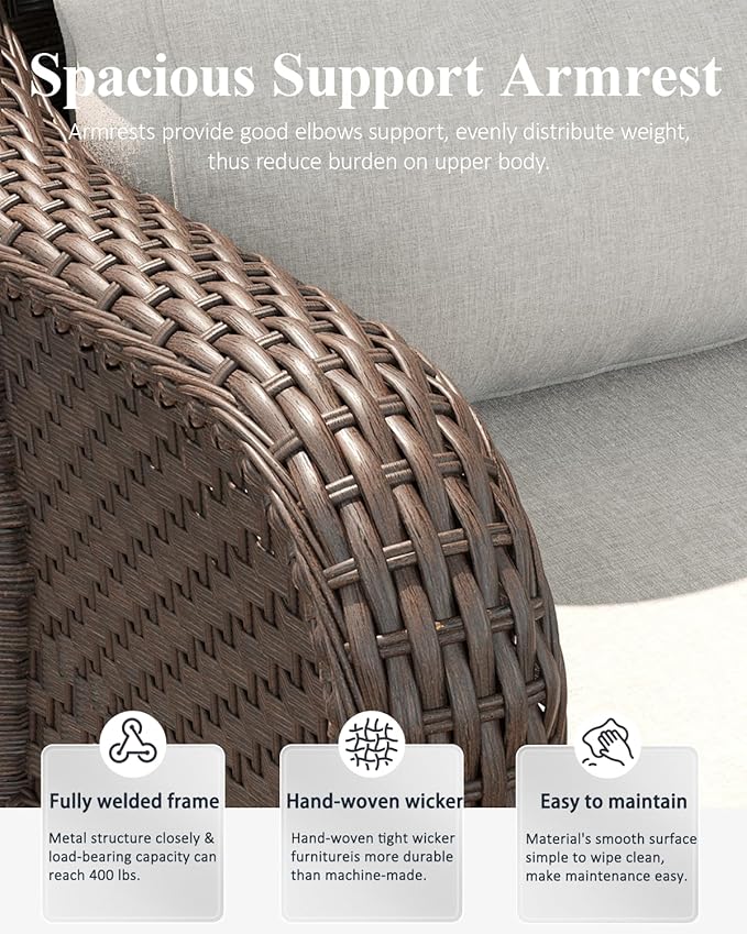 LayinSun 7 Piece Wicker Outdoor Furniture Set with 6-inch Comfy Cushions, High Back Patio Furniture Set with Swivel Rocking Chairs and Fire Pit Table
