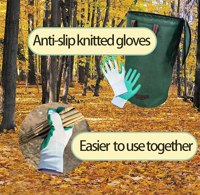 Garden Bags for Leaves, Leaf Bags Reusable Zippered Top with Yard Leaf Collector Bag Heavy Duty with 4 Handles Garden Leaf Bag Leaf Collector Come with Gloves (32Gallon)