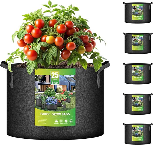 iPower 5 Pack 25 Gallon Grow Bags Heavy Duty 300G Thickened Nonwoven Fabric Plant Pots with 5 Labels & Handles for Outdoor Garden, Aeration Planter Bags for Fruits, Vegetables, Tomato & Flowers, Black