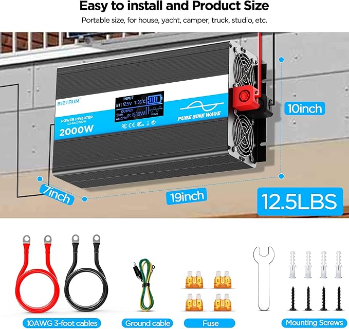 2000W Pure Sine Wave Inverter, Car Power Inverter 12V to 120V AC Converter for RV, Truck, Solar, with 4 AC, 3 USB(5V 2.1A), Hardwire Port, Remote Controller, HD Display, Mult Protection, Surge 4000W