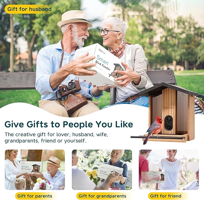 Bird Feeder with Camera Solar Powered, Smart Bird Feeder with AI Identify for 10000 Plus Species, Auto Capture & Real-time Notifications, Ideal Gift for Birdwatching, Bamboo