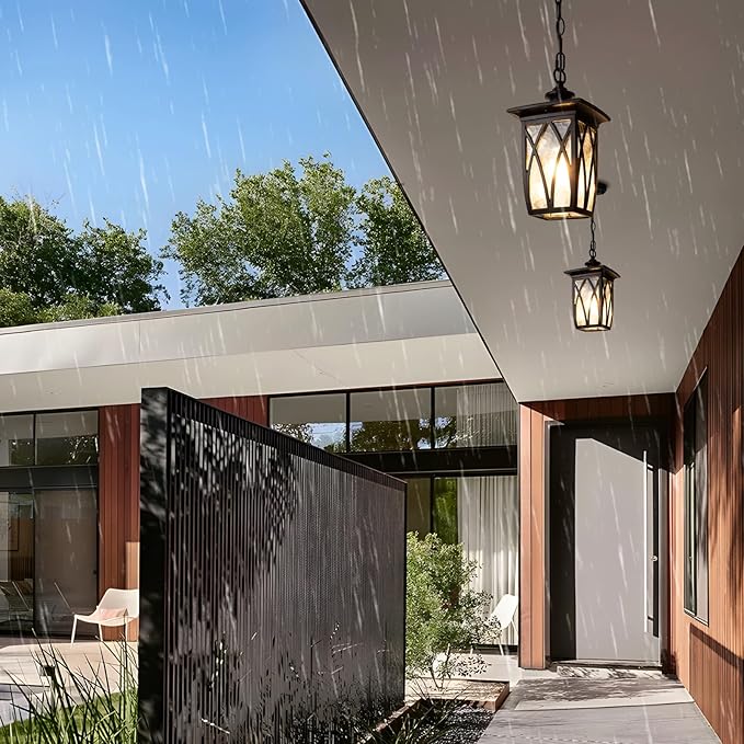 12'' Outdoor Pendant Light Fixture, Exterior Hanging Lantern, Modern Black Metal Outside Chandelier Light Fixture Ceiling Mount with Water Ripple Glass & Adjustable Chain for Porch, Gazebo, Front Door