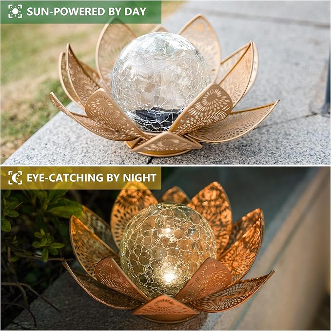 Solar Lights Outdoor Waterproof Lotus Flower Metal Yard Art Decoration Crackle Globe Glass Solar Lamp Garden Decor for Outside, Flowerbed Lawn Patio Porch Pathway Pond Decorations