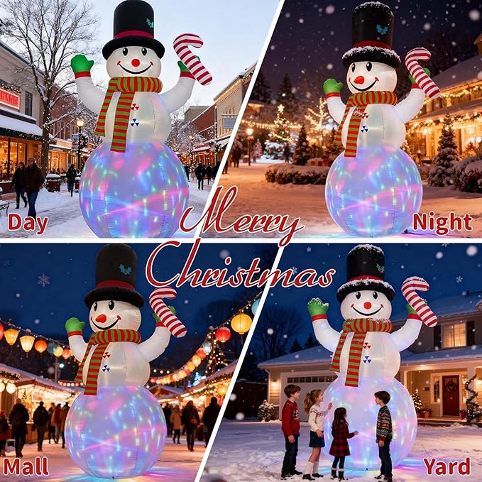12FT Christmas Inflatables Snowman Outdoor Decorations, Giant Christmas Blow Up Snowman Inflatable in Waving Pose with Candy Cane, Rotating Colorful LED Light for Holiday Party Garden Yard Deco