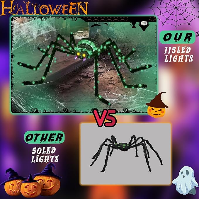 6.8Ft Giant Spider Halloween Decorations Outdoor 82" Light Up Spider with 115 LED Lights for Front Yard, Porch, Garden, Lawn, Halloween Party (Green)