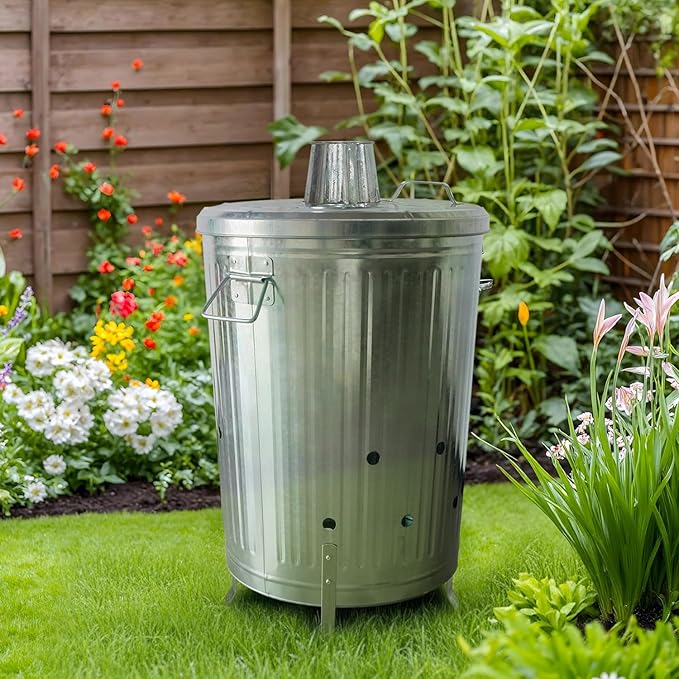 Plexon Metal Compost Bin Outdoor Burn Bin - Galvanized Trash Can with Lid Chimney and Vent Holes - Trash Burning Container Composter Incinerator for Garbage, 20 Gallon (Chimney Lid and Vent Holes)