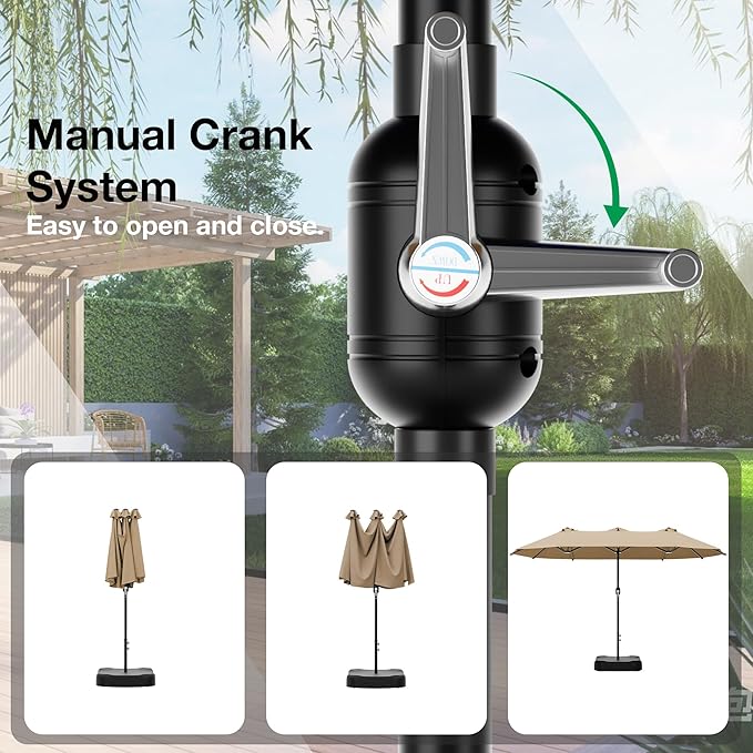 Joyside 15FT Large Patio Umbrella with Base Included, Outdoor Double Sided Umbrella, Rectangle Umbrella with Crank Handle, 12 Sturdy Ribs for Deck, Porch and Pool