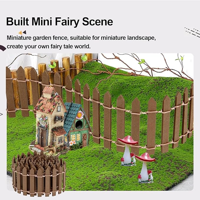 Miniature Fairy Garden Fence,DIY Wood Picket Fence Mini Ornament,Fairy Garden Accessories,Home Garden Plant Pot DIY Diorama Project (Brown,1.96"x 35.4")