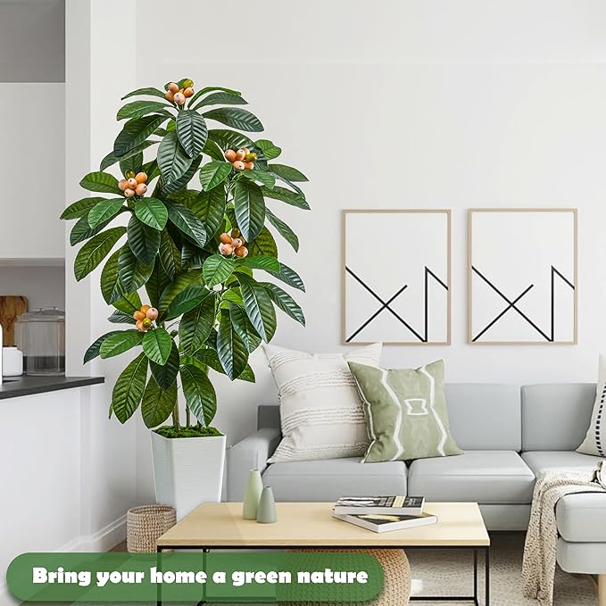 Artificial Loquat Tree 5FT Japanese Medlar Tropical Fruiting Tree Tall Artificial Plants Indoor-Loquat Tree Large Fruiting Silk Tree for Home Office Living Room Decor Indoor (White Tall Planter)