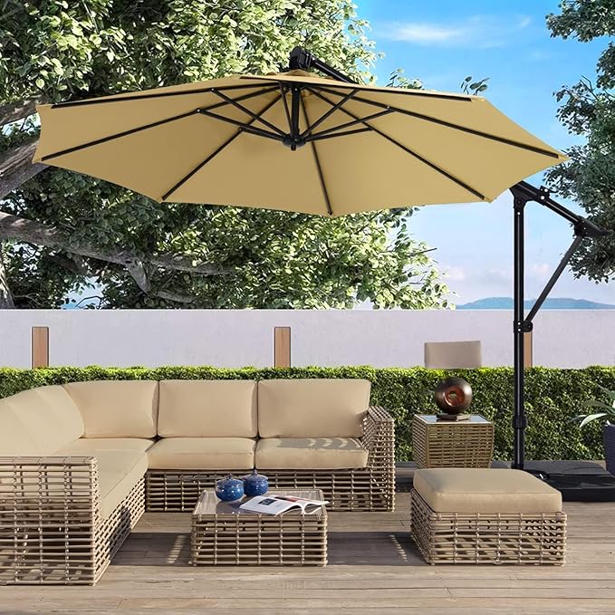 ABCCANOPY 10FT Cantilever Umbrella Offset Hanging Patio Umbrella with Base Stand Rotate and Tilt，Suitable for Garden, Lawn, Backyard(Khaki)