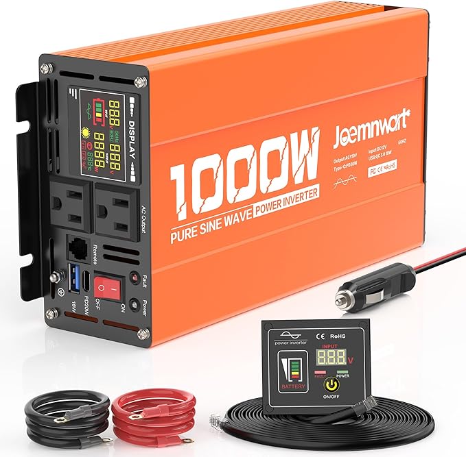 1000W/2000W(Peak) Power Inverter DC 12V to 110V AC with LCD Display, Remote Control, 2 AC Outlets, Fast Charging USB Charger, Car Pure Sine Wave Inverter for Car Home Laptop Truck