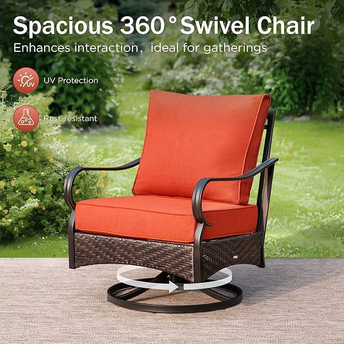 PHI VILLA Outdoor Modern Patio Furniture Set, Upgraded Wicker&Metal Patio Furniture Conversation Set with Waterproof Thick Cushions for Porch, Poolside, Deck, and Yard (5 Pieces,Red)