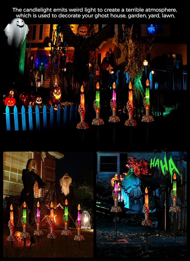 Halloween Decorations, 6 Pack Skeleton Hands Hold Lighted Candle Stakes, Waterproof Battery Operated Pathway Decor with Timer, Light Up for Tabletop Indoor Outdoor Party Lawn Yard Garden Warm White