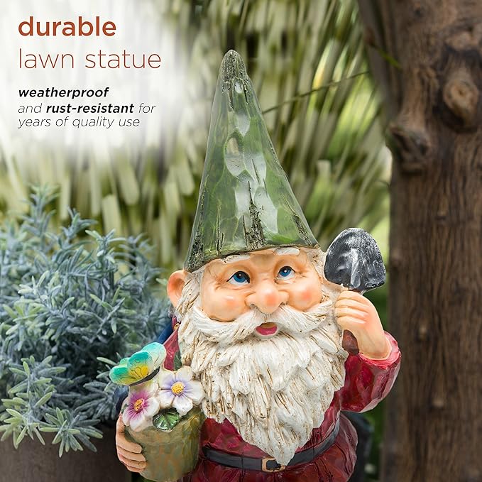 Alpine Corporation 12" Tall Outdoor Garden Gnome with Flower Pot Yard Statue Decoration