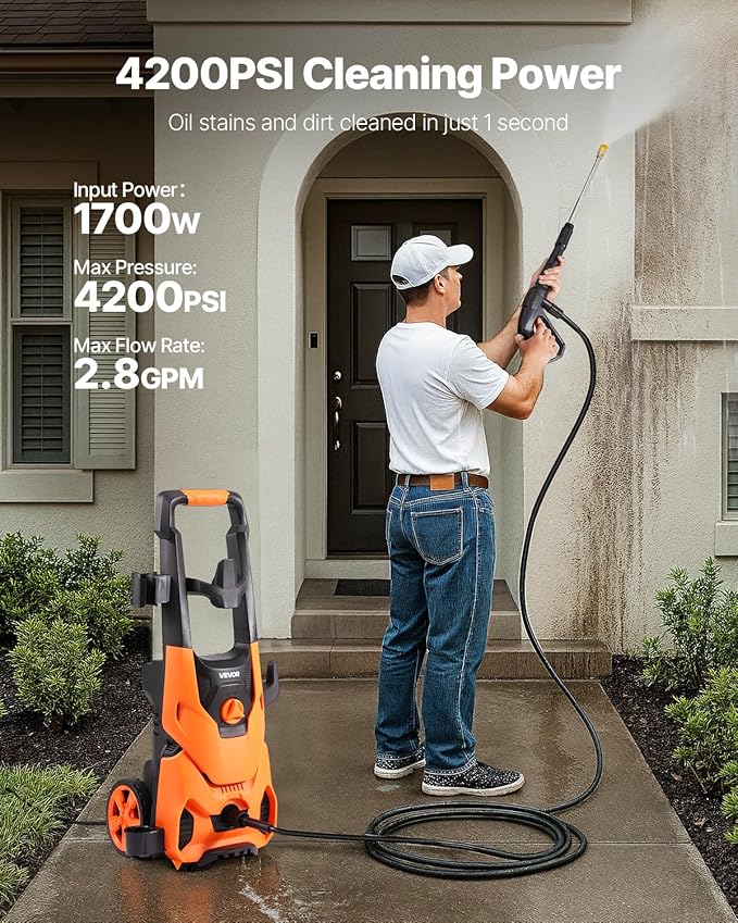 VEVOR Electric Pressure Washer, Max 4200 PSI and 2.8 GPM, High Power Pressure Cleaning Machine with 4 Quick Connect Nozzles and a Foam Cannon, Ideal for Cars/Fences/Driveways/Patios/Home Cleaning