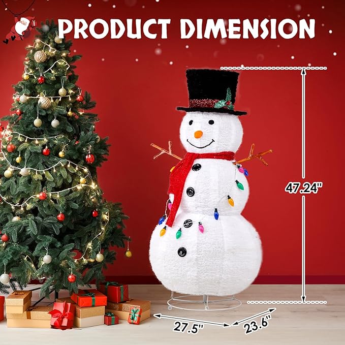 Outvita Outdoor Christmas Decorations 4ft Lighted Snowman, White Snowman with Twinkle Lights Red Scarf Black Hat & Colorful Lights, Foldable Snowman for Xmas Indoor and Outdoor Garden, Yard Decor