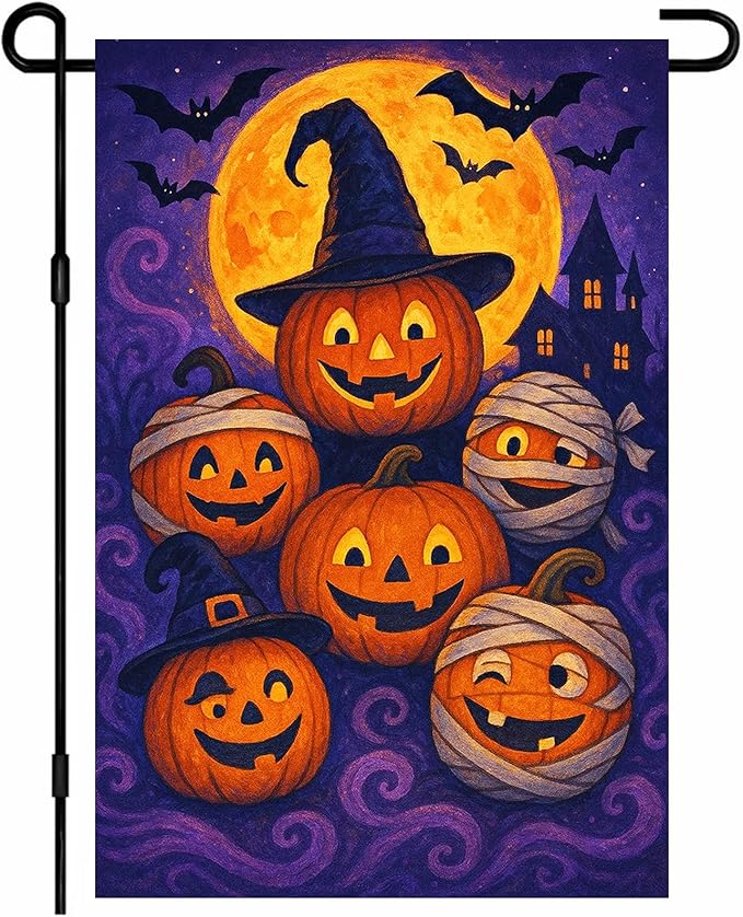 IVN Halloween Garden Flag 12x18 Inch Double Sided Pumpkin Mummy Witch Hat Outdoor Yard Flag for Outside Front Door Lawn Porch Patio Welcome Decor