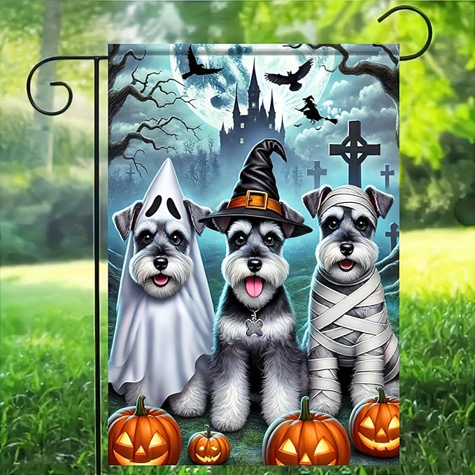 Halloween Garden Flag Double Sided 12x18 Flag Dog Fall Garden Flag Halloween Schnauzer Party Flag With Ghost Dress Up Mummy Dress Up Witch Ghost Black Castle Cross Lawn Outdoor Yard Banner