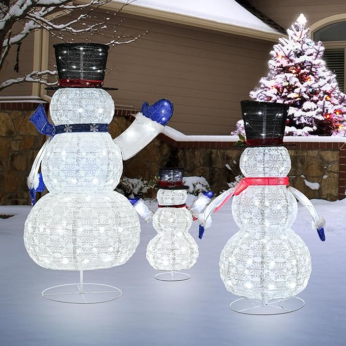 3 Piece Pre-lit Christmas Snowman Family, 270 LED 3D 2ft+3ft+5ft Lighted Snowman for Outdoor Indoor Xmas Decorations