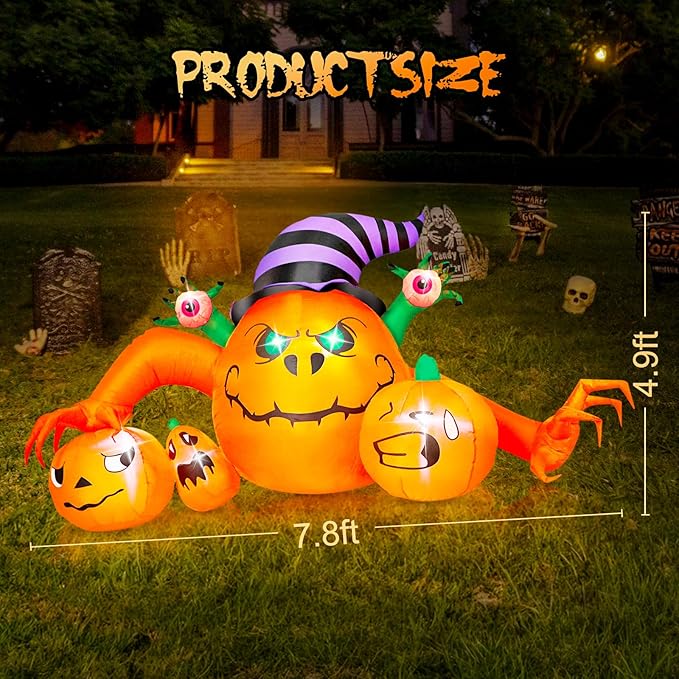 8FT Pumpkin Halloween Inflatables Outdoor Decoration with 7 LED Lights Built-in, Pumpkin Combo with Wizard Hat and Scary Hands, Blow Up Halloween Decor for Outside Yard Patio Lawn