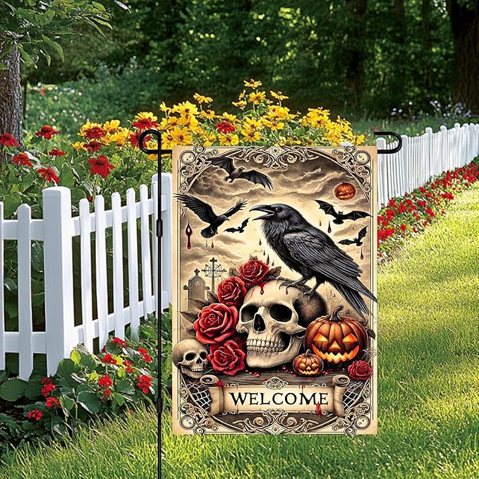 Halloween Garden Flag 12x18 Inch Gothic Skull Raven Flag Double Sided Spooky Yard Banner Pumpkin Bat Scene Outdoor Fall Decoration for Porch Lawn Patio Seasonal Welcome