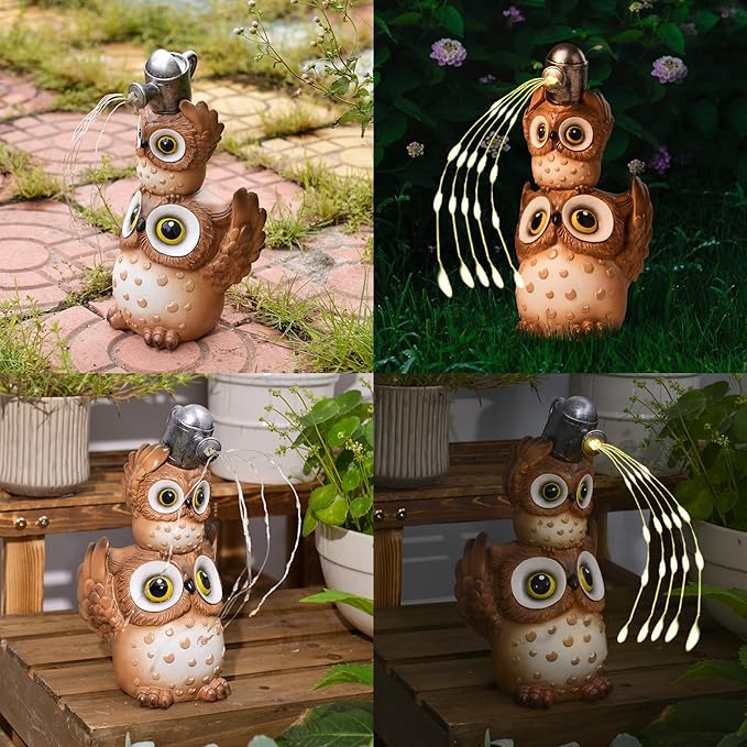 Solar Garden Statues Outdoor Decor, Watering Owl Statue Garden Decor, Resin Yard Decorations Outdoor for Patio, Porch, Balcony, Lawn Ornaments, House Warming Birthday Gifts for Mom Women Grandma