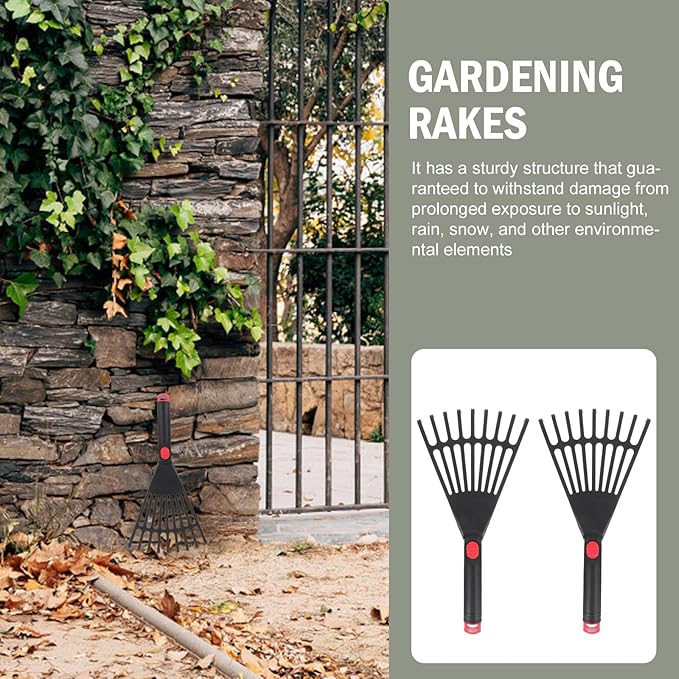 Lawn Rake Head Hand Rake Garden Tool, 2PCS Plastic Hand Rake Soil Tiller with Ergonomic Handle, Small Rake for Leaves, Gardening, Cultivating, Loosening Soil & Spreading Mulch