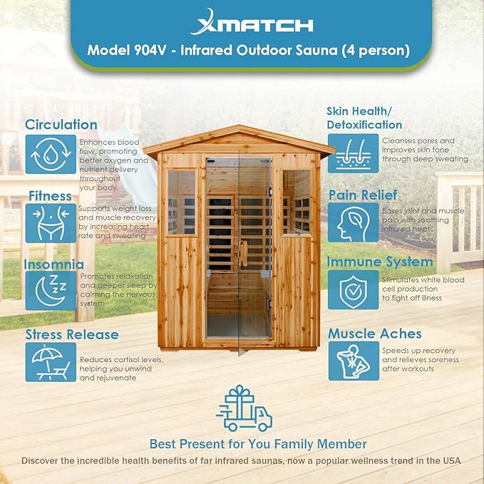 Saunas 904V Far Infrared Sauna, Outdoor Wooden Dry Sauna Low EMF (Hemlock Wood, 4-Person Size)