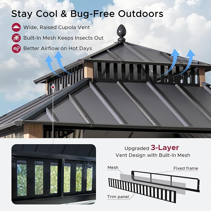 SUNJOY Kingston 10' x 10' Hardtop Gazebo with Galvanized Steel Double Roof, Curtain and Netting, Woodgrain Finish Aluminum Posts Permanent Pavilion Gazebo for Garden, Patio, Deck, Lawn