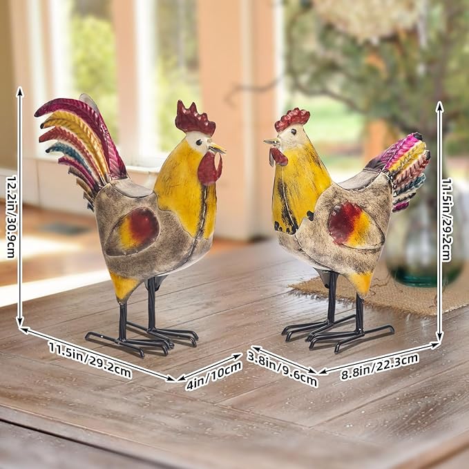 MODE HOME 2 Piece Metal Rooster Yard Decor Set, 12" Outdoor Chicken Statue for Garden, Farmhouse and Patio, Hand-Painted Metal Chicken Figurine, Rustic Chicken Yard Art and Outdoor Rooster Decor